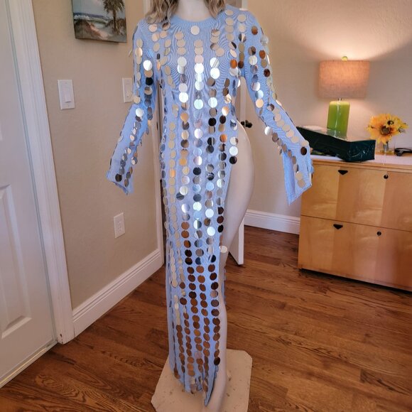 Nasty Gal Disc Sequin Split Sheer Knit Maxi Top Size L NWT - Picture 7 of 11